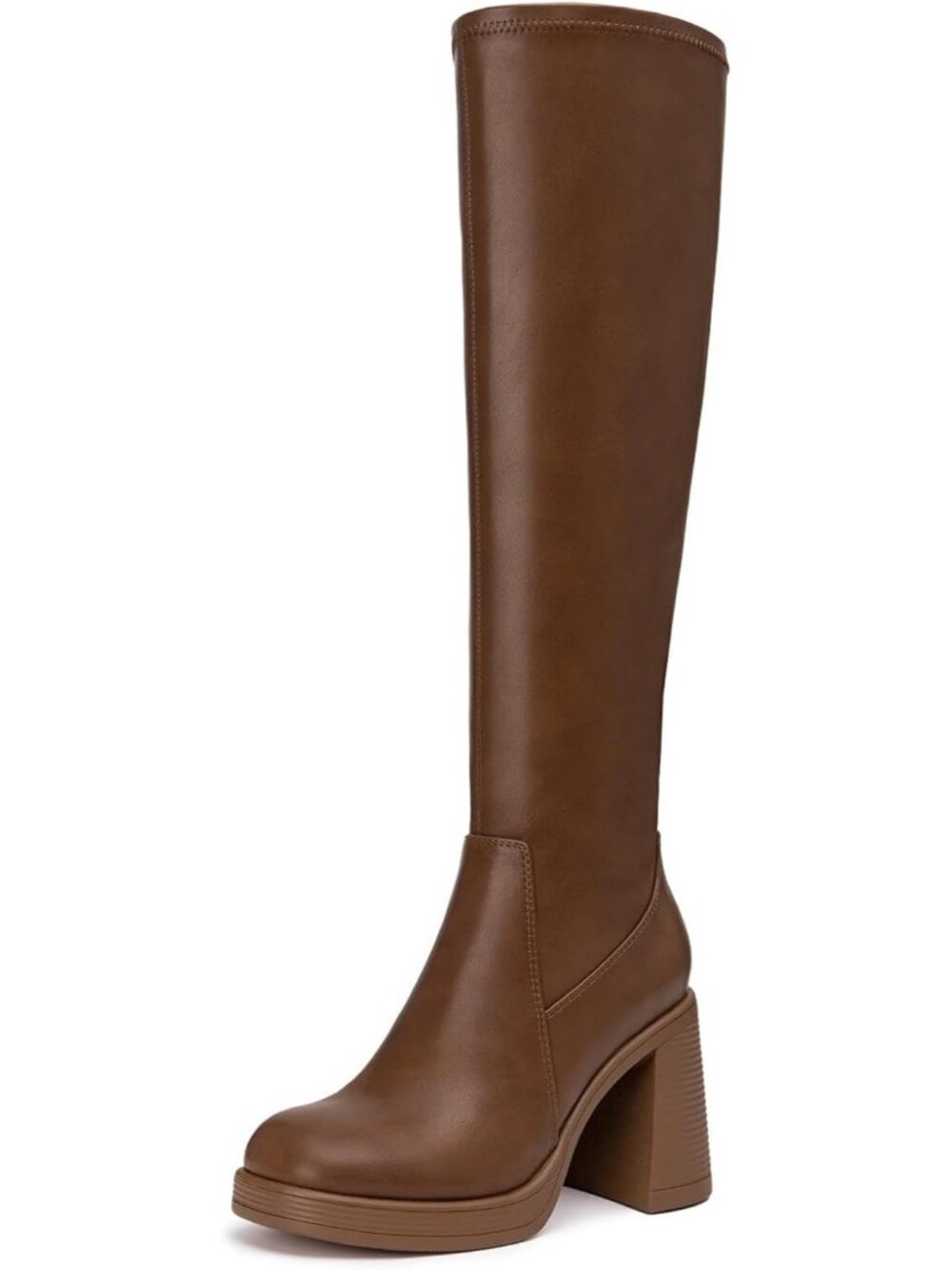 Women's Tan Faux Leather Stretch Chunky Platform Square Toe Knee High Boots